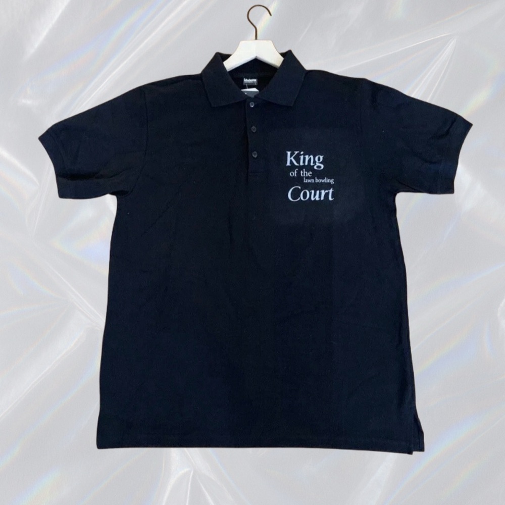 Idakoos NWT “King Of The Lawn Bowling Court” Men’s Black Short Sleeve Polo Sz L